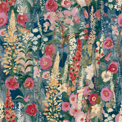 Grandeco Hand painted Delphinium Forest Floral Garden Textured Wallpaper, Navy Blue