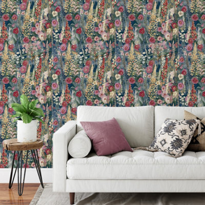 Grandeco Hand painted Delphinium Forest Floral Garden Textured Wallpaper, Navy Blue