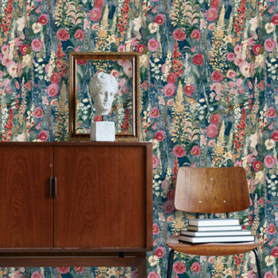 Grandeco Hand painted Delphinium Forest Floral Garden Textured Wallpaper, Navy Blue