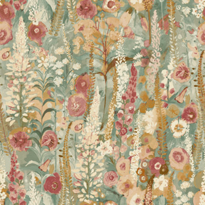 Grandeco Hand painted Delphinium Forest Floral Garden Textured Wallpaper, Sage Green Neutral