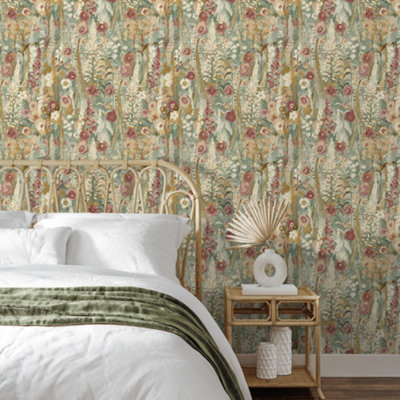 Grandeco Hand painted Delphinium Forest Floral Garden Textured Wallpaper, Sage Green Neutral