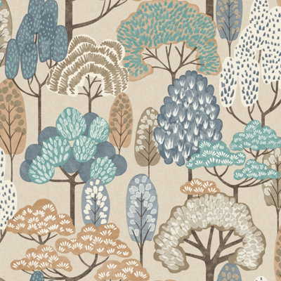 Grandeco Happy Trees Brushstroke Nursery Textured Wallpaper, Blue