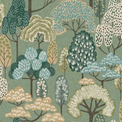 Grandeco Happy Trees Brushstroke Nursery Textured Wallpaper, Sage Green