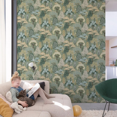 Grandeco Happy Trees Brushstroke Nursery Textured Wallpaper, Sage Green