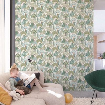 Grandeco Happy Trees Brushstroke Nursery Textured Wallpaper, Teal Green