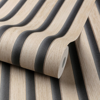 Grandeco Hermes Wood Slat Panel 3D Photorealistic Effect Textured Wallpaper, Light Wood