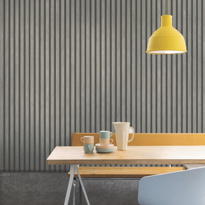 Grandeco Hermes Wood Slat Textured Wallpaper, Grey Wood