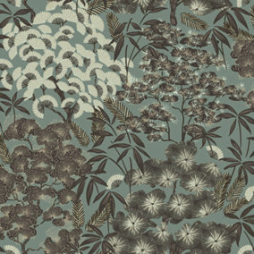 Grandeco Hisae Oriental Leaf Metallic Textured Wallpaper Sage Green