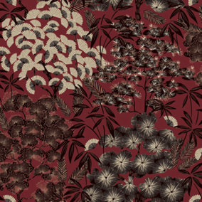 Grandeco Hisae Oriental Leaf Wallpaper Red