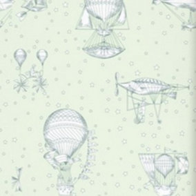 Grandeco Hot Air Balloon Airships Nursery Textured Wallpaper, Green