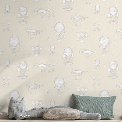 Grandeco Hot Air Balloon Airships Nursery Textured Wallpaper Natural