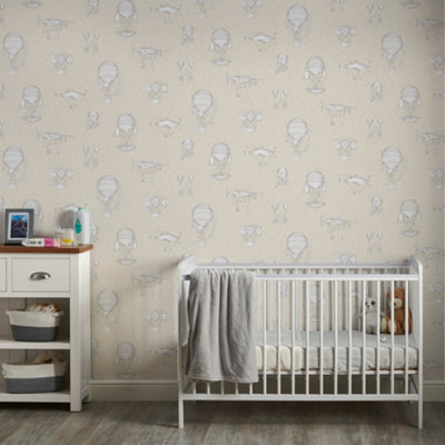 Grandeco Hot Air Balloon Airships Nursery Textured Wallpaper Natural