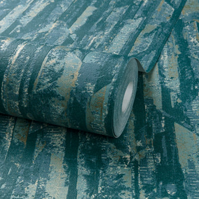 Grandeco Imperia Organic Metallic Shimmer Textured Wallpaper, Teal Gold