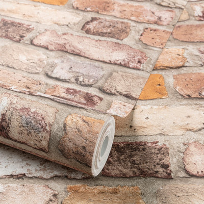 Grandeco Industrial Rustic Red Brick Textured Wallpaper, Terracotta