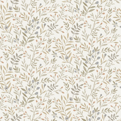 Grandeco Inia Leafy Trail Foliage and Flowers Textured Wallpaper, Neutral