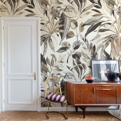 Grandeco Inky Palm Watercolour Jungle Leaves 3 panel repeatable Mural 1.59 x 2.8m