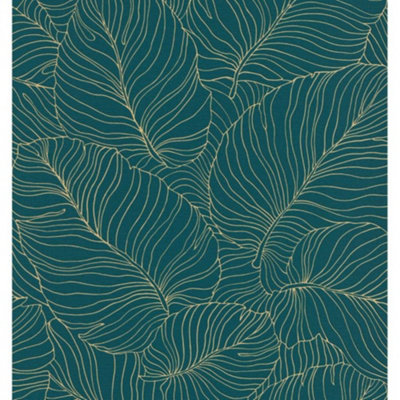 Grandeco Isa Banana Leaf Blown Textured Wallpaper Teal / Gold | DIY at B&Q