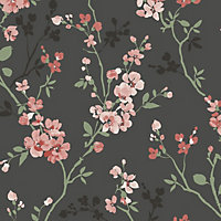 Grandeco Jasmin Floral Cherry Blossom Trail Blown Vinyl Wallpaper, Black
