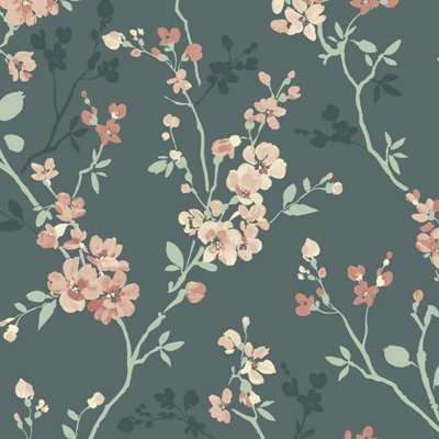 Grandeco Jasmin Floral Cherry Blossom Trail Blown Vinyl Wallpaper, Green