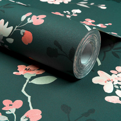 Grandeco Jasmin Floral Cherry Blossom Trail Blown Vinyl Wallpaper, Green