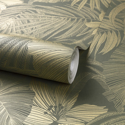 Grandeco Joelle Metallic Floral Fern Outline Wallpaper, Green Gold