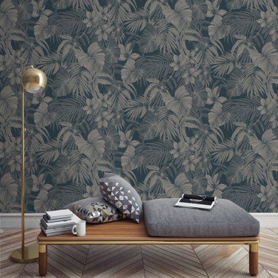 Grandeco Joelle Metallic Floral Fern Outline Wallpaper, Navy & Rose Gold