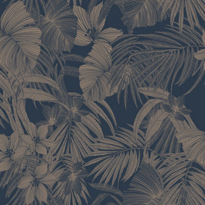 Grandeco Joelle Metallic Floral Fern Outline Wallpaper, Navy & Rose Gold