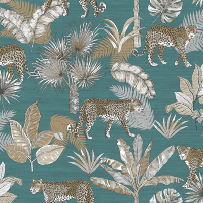 Grandeco Jungle Fever Leopard Teal Wallpaper JF2104