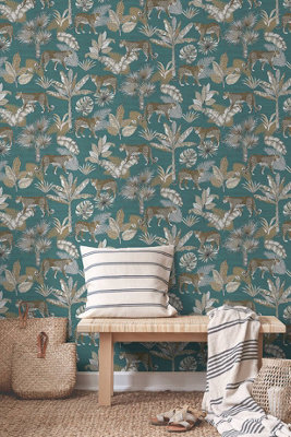 Grandeco Jungle Fever Leopard Teal Wallpaper JF2104