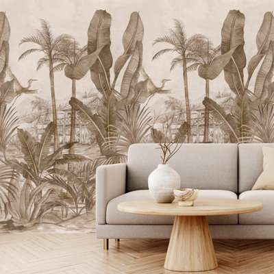 Grandeco Jungle Safari Pavillion 3 panel repeatable Mural 1.59 x 2.8m, Sepia