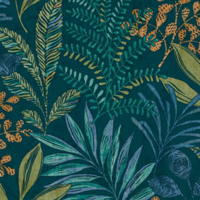 Grandeco Kara Tropical Jungle Foliage Leaves Textured Wallpaper, Deep Teal