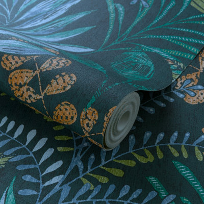 Grandeco Kara Tropical Jungle Foliage Leaves Textured Wallpaper, Deep Teal