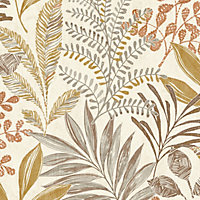 Grandeco Kara Tropical Jungle Foliage Leaves Textured Wallpaper, Neutral Beige
