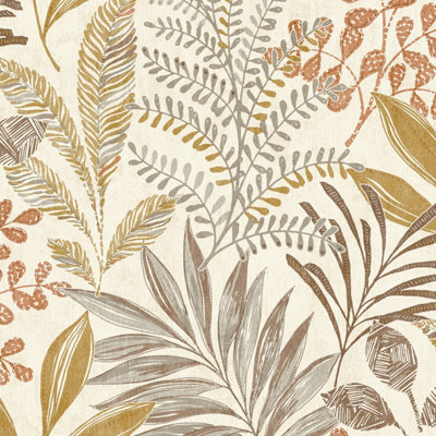 Grandeco Kara Tropical Jungle Foliage Leaves Textured Wallpaper, Neutral Beige