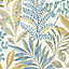 Grandeco Kara Tropical Jungle Foliage Leaves Textured Wallpaper, Neutral Blue