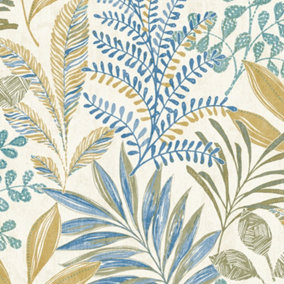 Grandeco Kara Tropical Jungle Foliage Leaves Textured Wallpaper, Neutral Blue