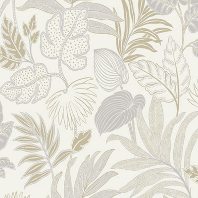 Grandeco Kew Botanical Leaves Blown Vinyl Textured Wallpaper, Neutral