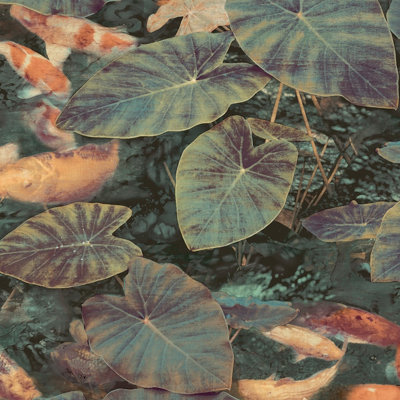 Grandeco Koi Lily Pond Green & Orange Wallpaper