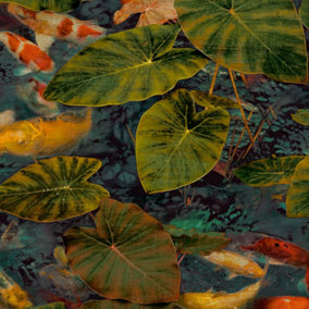 Grandeco Koi Lily Pond Sage Green & Orange Wallpaper