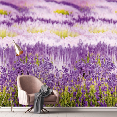 Grandeco Lavender Flower Fields 3 lane repeatable Textured Mural, 2.8 x ...