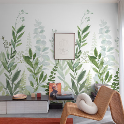 Grandeco Leafy Forest Foliage Sprig 3 panel repeatable Mural 1.59 x 2 ...