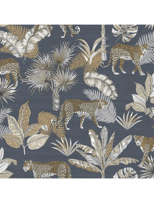 Grandeco Leopard Jungle Palm Navy  Linen Textured Wallpaper