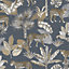 Grandeco Leopard Jungle Palm Navy  Linen Textured Wallpaper