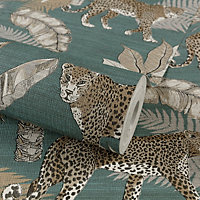 Grandeco Leopard Jungle Palm Teal Linen Textured Wallpaper