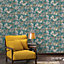 Grandeco Leopard Jungle Palm Teal Linen Textured Wallpaper