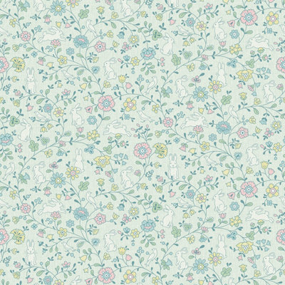 Grandeco Liberty Floral Bunny Trail Nursery Textured Wallpaper Green