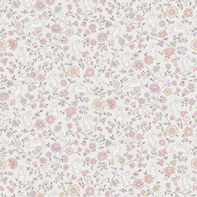 Grandeco Liberty Floral Bunny Trail Nursery Textured Wallpaper Lilac