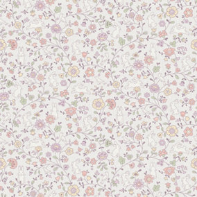 Grandeco Liberty Floral Bunny Trail Nursery Textured Wallpaper Lilac