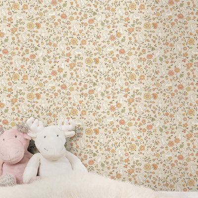 Grandeco Liberty Floral Bunny Trail Nursery Textured Wallpaper Natural Beige