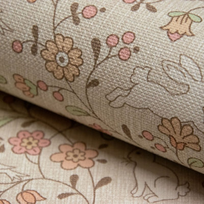 Grandeco Liberty Floral Bunny Trail Nursery Textured Wallpaper Natural Beige